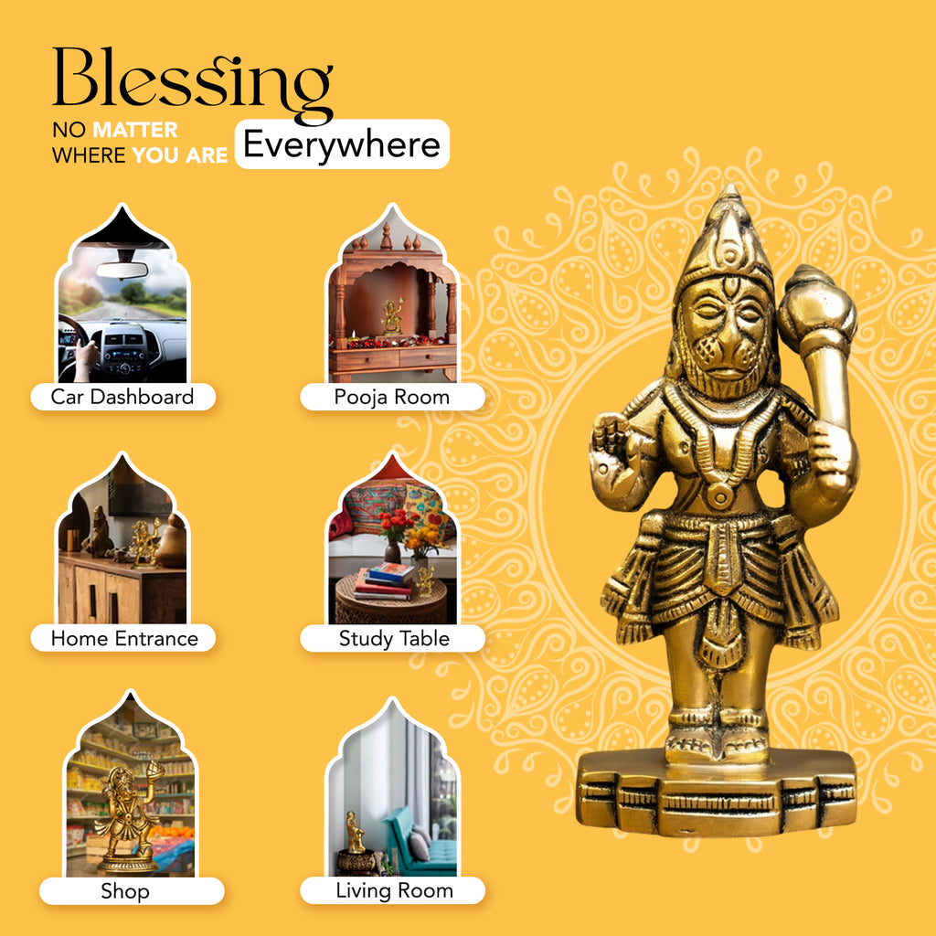 Brass Hanuman Idol for Home Puja, Office Desk & Car Dashboard