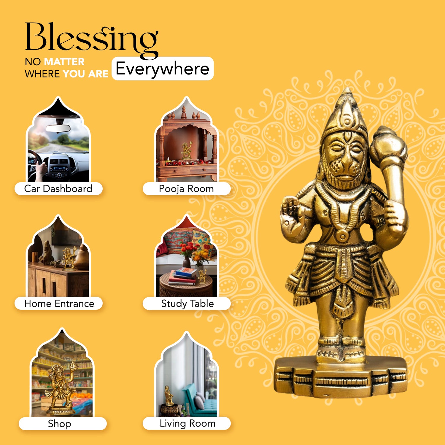 Brass Hanuman Idol for Home Puja, Office Desk & Car Dashboard