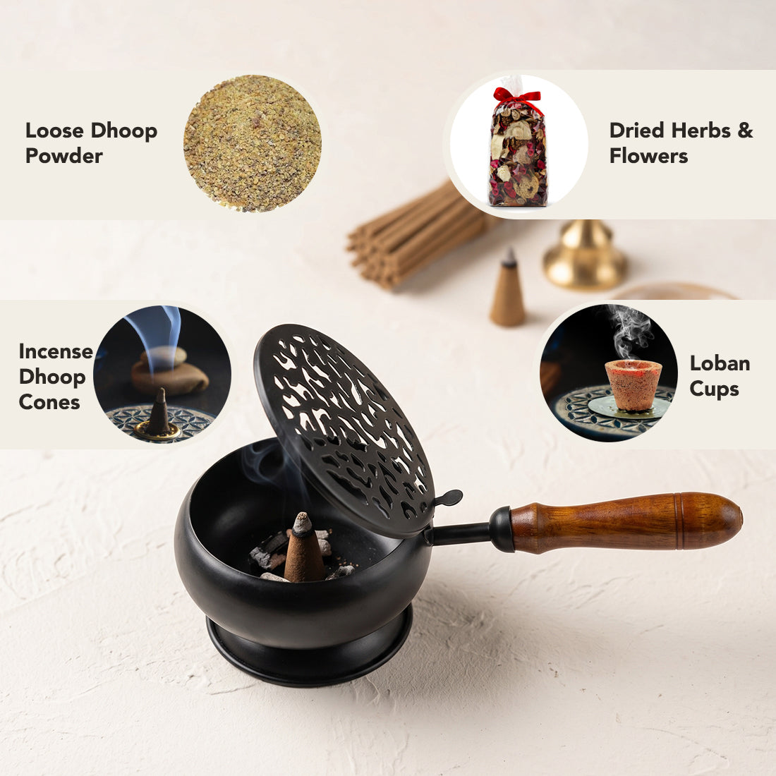 Metal Dhoop Dani with Wooden Handle for Pooja, Meditation & Home Temple Rituals