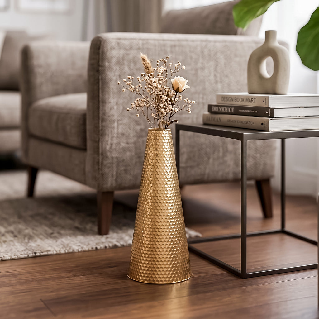 Tapered Golden Metal Vase for Home Decor, Living Room & Gifting