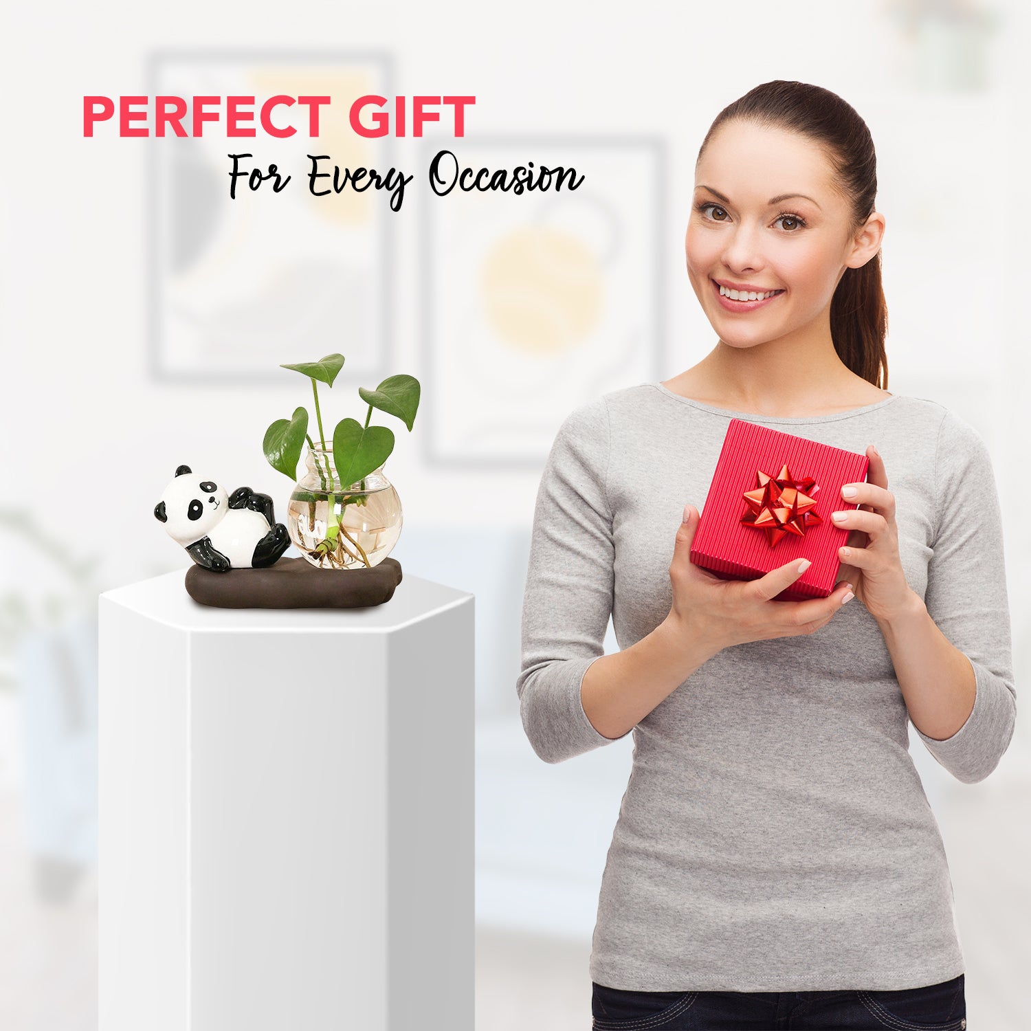 Panda Showpiece with Artificial Plant Pot for Home Decor, Office Desk & Gifting