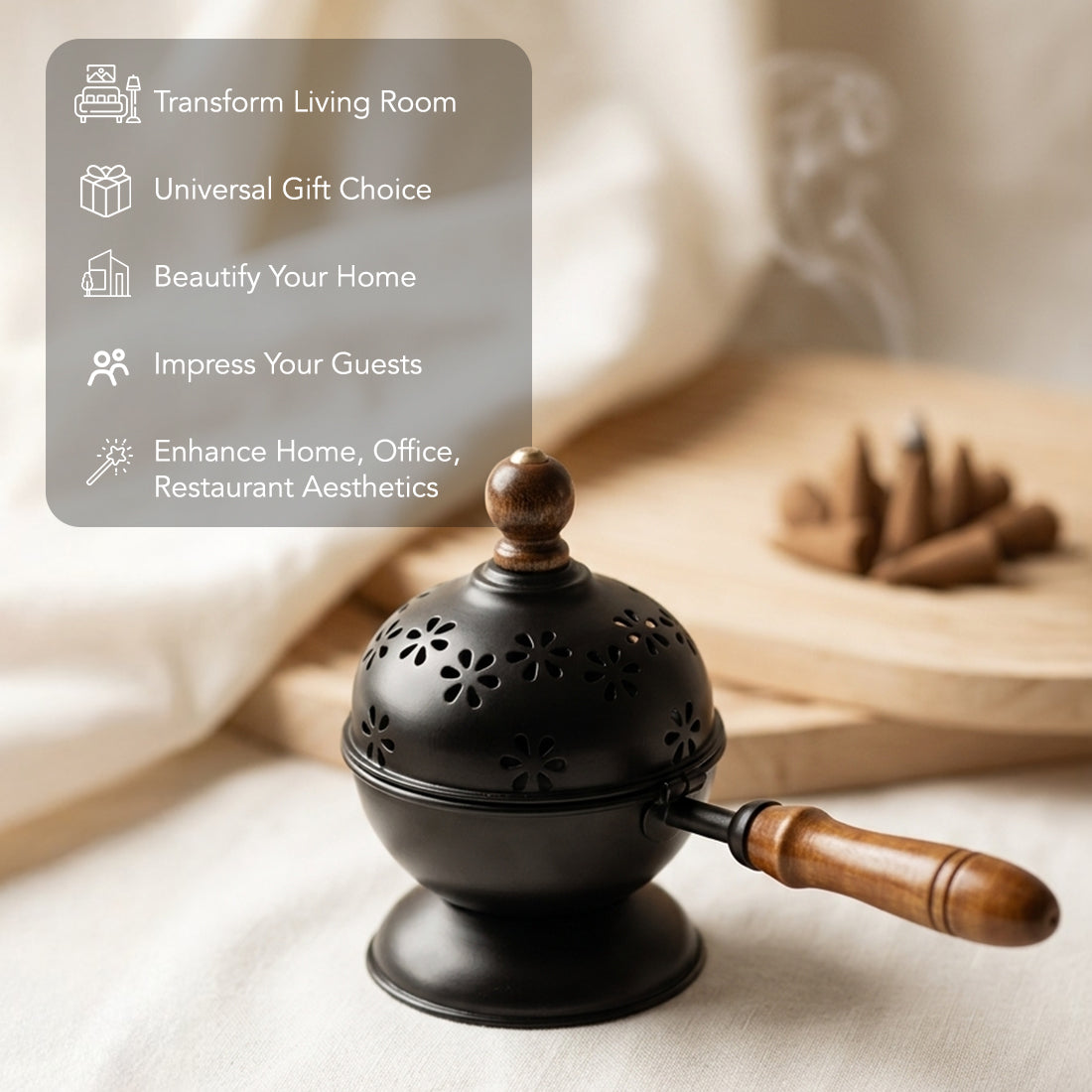 Metal Dhoop Dani with Wooden Handle for Pooja, Meditation & Home Temple Rituals