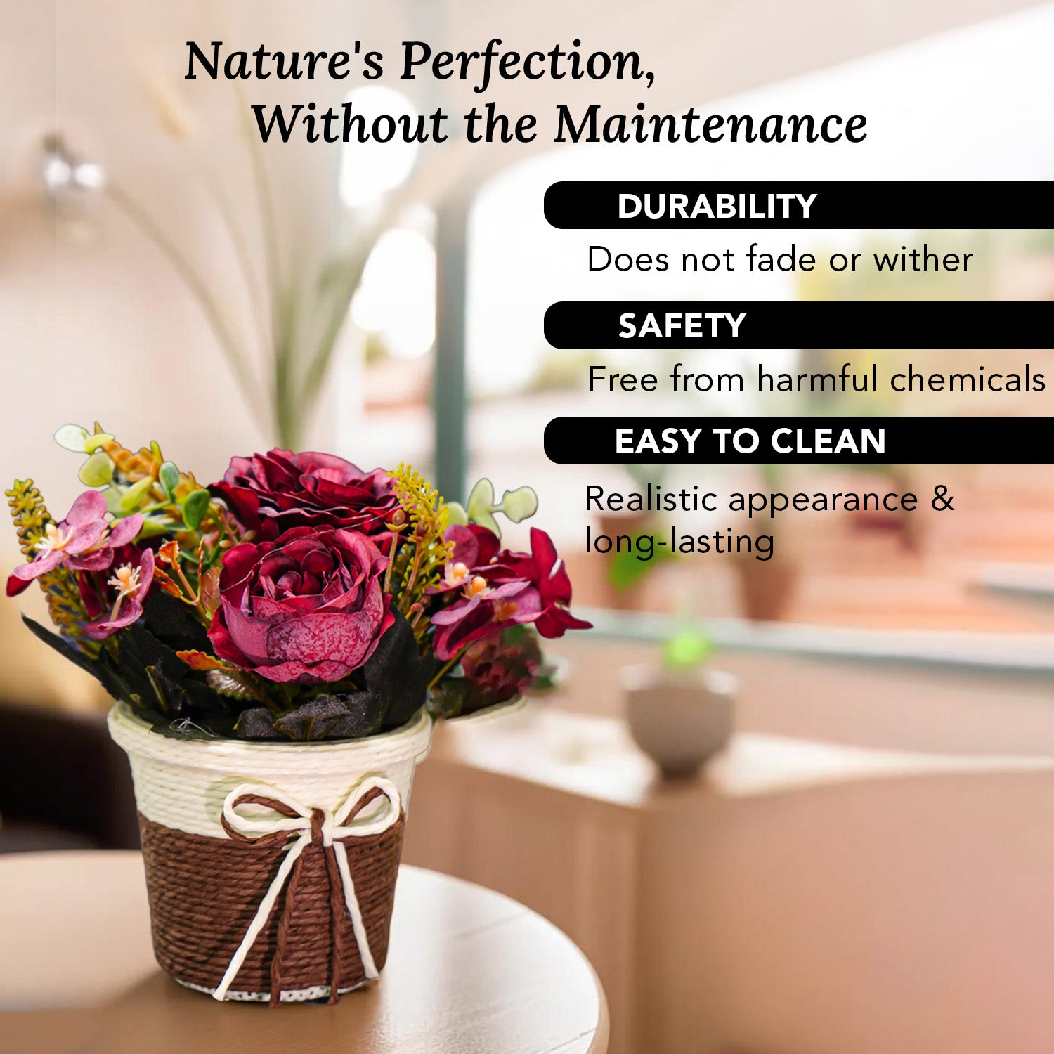 Artificial Rose Flower with Pot for Home Decor, Table Decor & Gifting