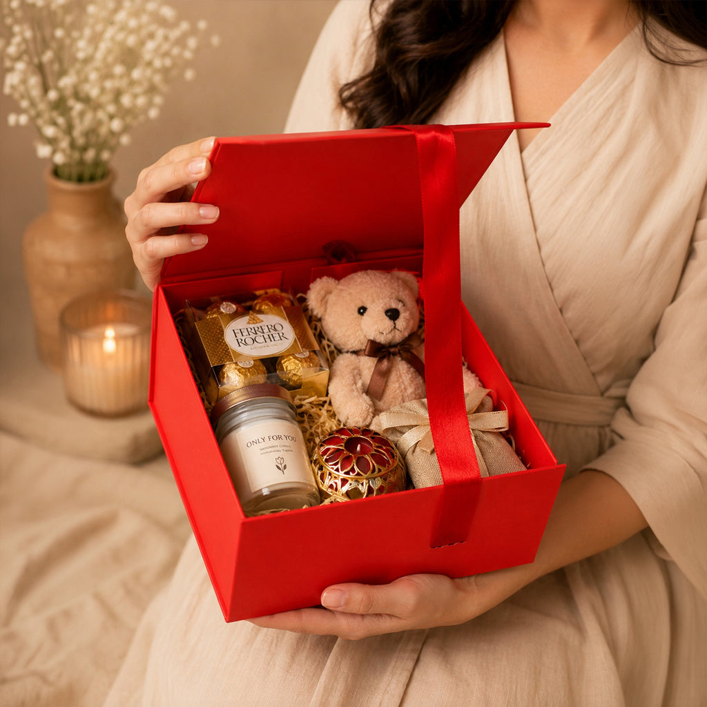 Red Foldable Multipurpose Empty Gift Hamper Box with Magnetic Closure & Ribbon (21.5 x 21 x 9.5 cm)