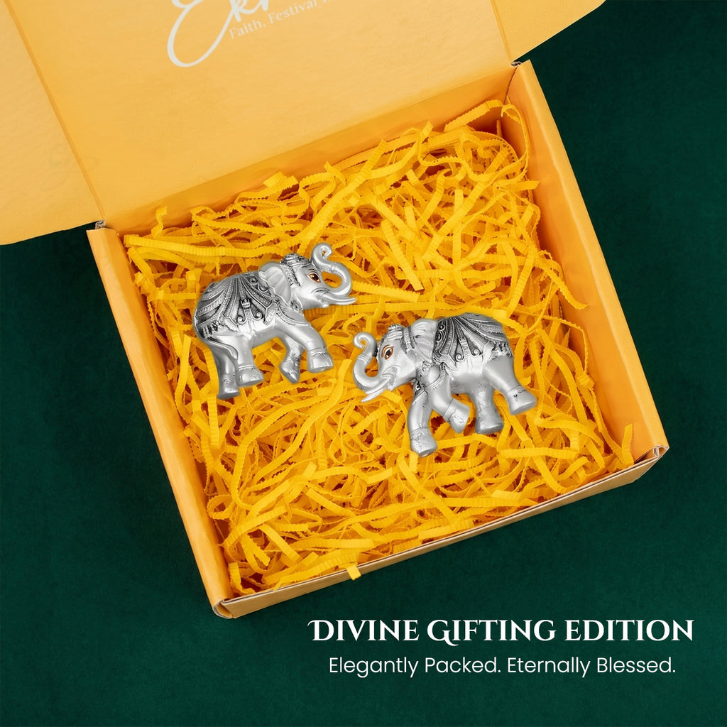 999 Pure Silver Plated Elephant Pair Showpiece with Gift Box for Housewarming, Wedding & Gifting