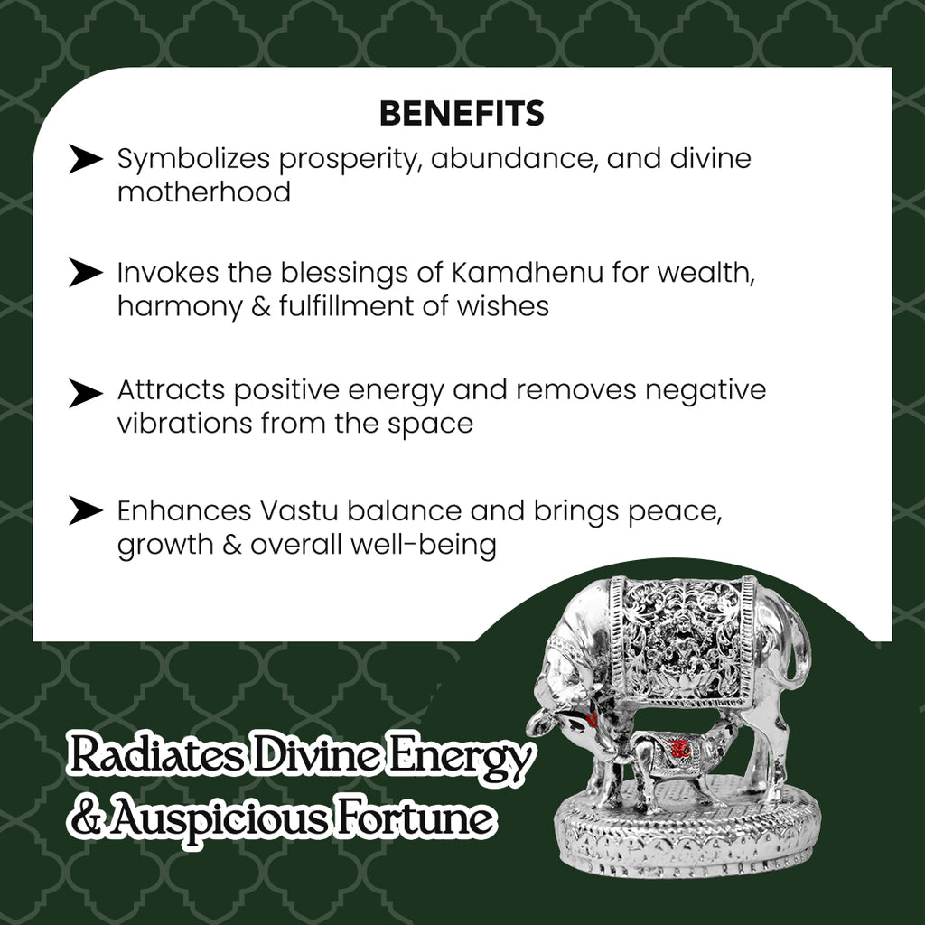 999 Silver Plated Kamdhenu Cow with Calf with Green Velvet Gift Box for Vastu, Housewarming & Wedding Gift