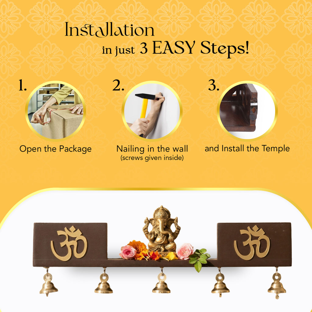 Wooden Wall Mounted Temple with Bells for Puja , Office & Home Decor