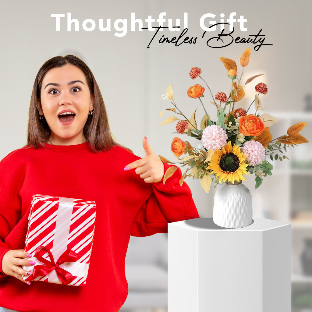 Ceramic Vase with Artificial Flowers for Home Decor, Office Desk & Gifting
