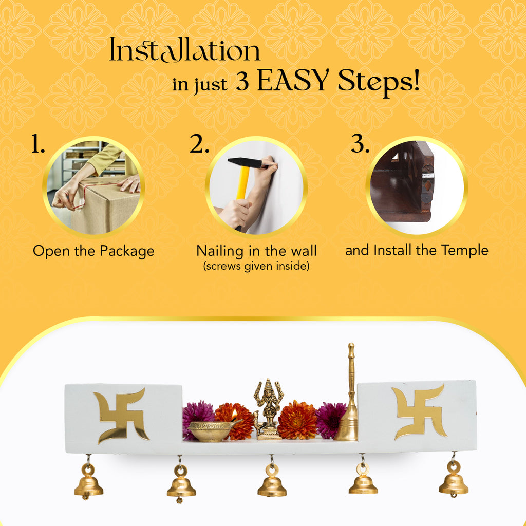 Wooden Wall Mounted Temple with Bells for Puja , Office & Home Decor
