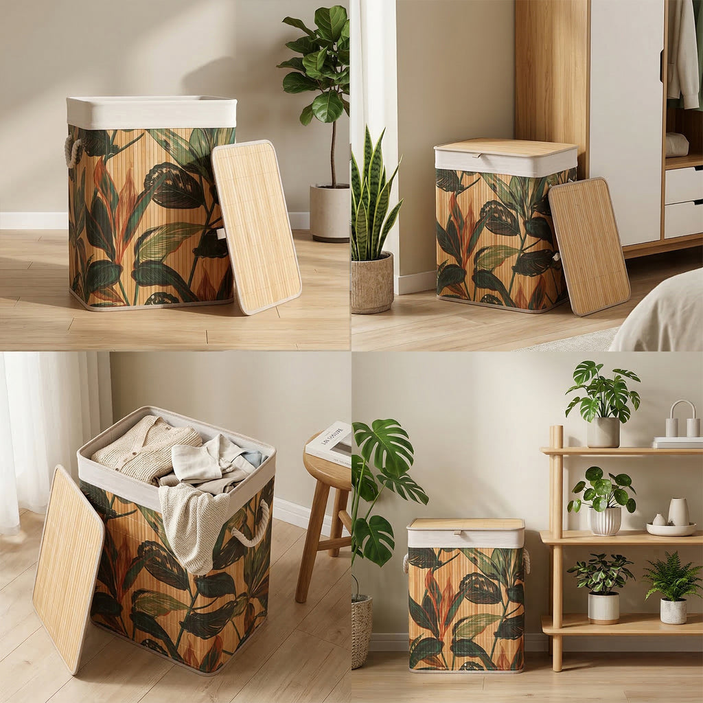 Bamboo Leaf Design Foldable Laundry Basket with Lid for Storage & Organization