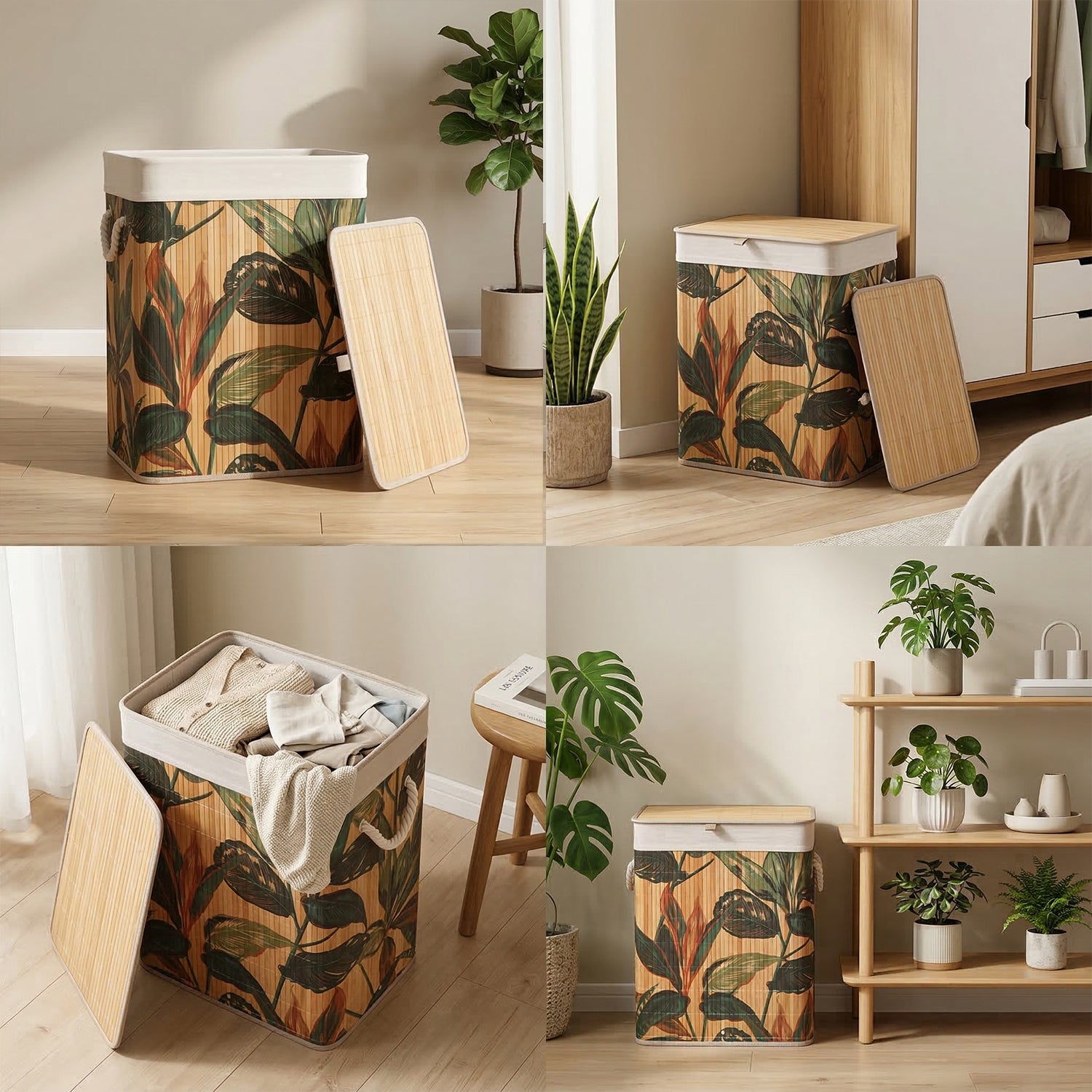 Bamboo Leaf Design Foldable Laundry Basket with Lid for Storage & Organization