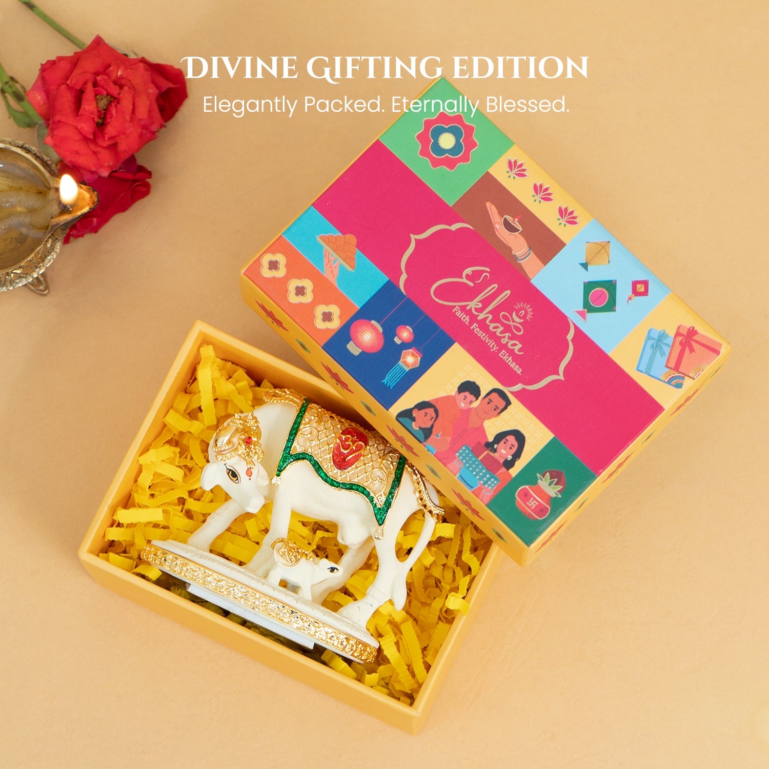 24K Gold Plated Kamdhenu Cow with Calf Idol with Gift Box for Housewarming, Wedding & Gifting