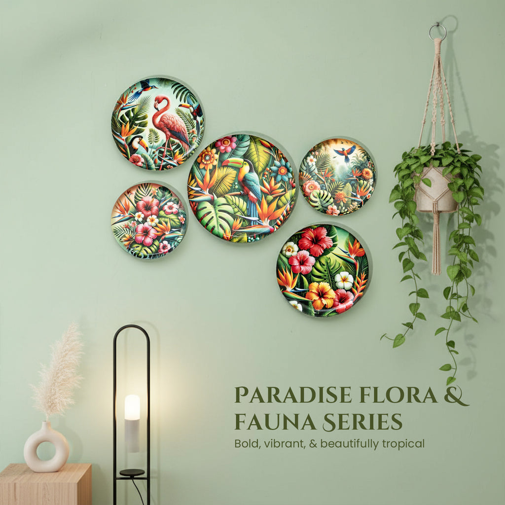 Tropical Art Metal Wall Hanging Plates Set of 5 for Living Room & Home Decor