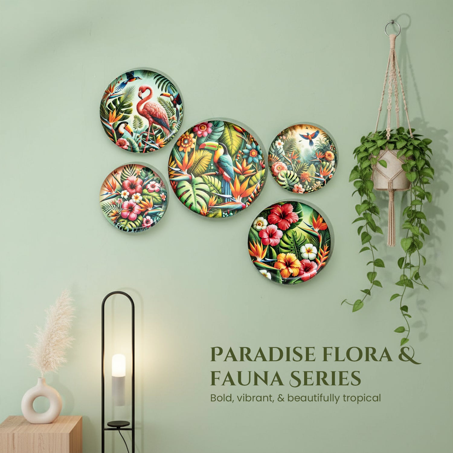 Tropical Art Metal Wall Hanging Plates Set of 5 for Living Room & Home Decor