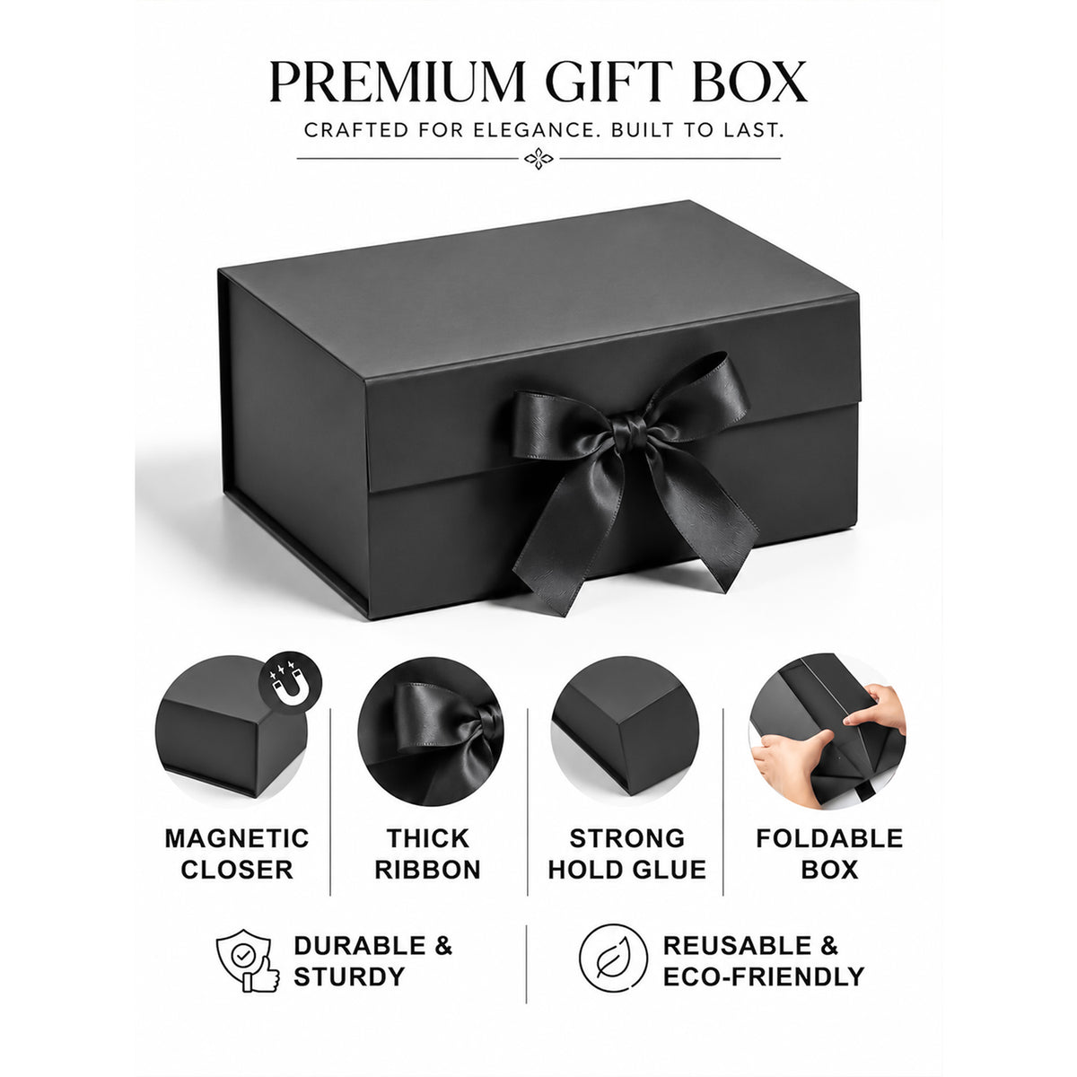 Black Foldable Multipurpose Empty Gift Hamper Box with Magnetic Closure & Ribbon (21.5 x 21 x 9.5 cm)
