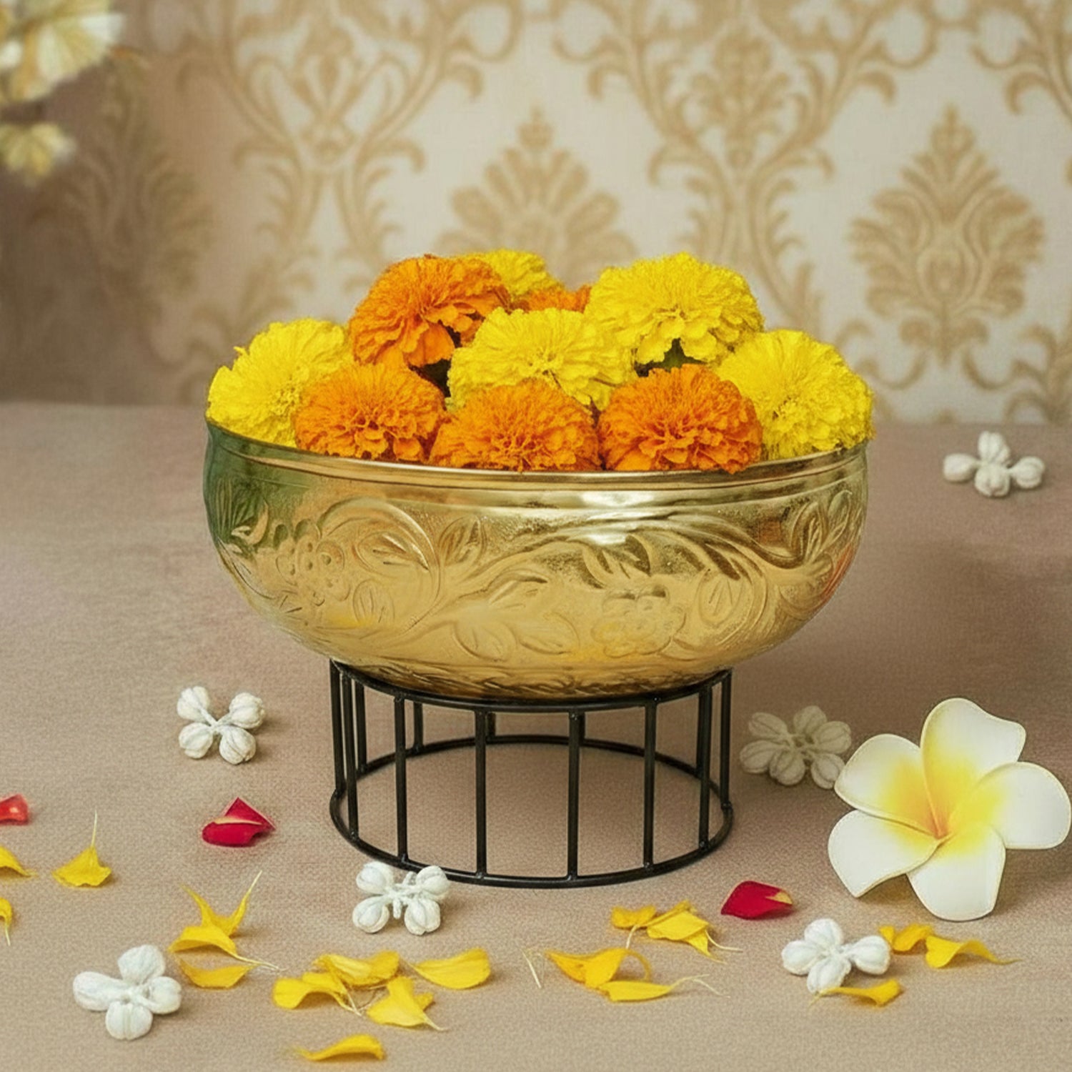 Gold Urli Bowl with Stand for Home Decor, Table Decor, Diwali Decoration & Gifting