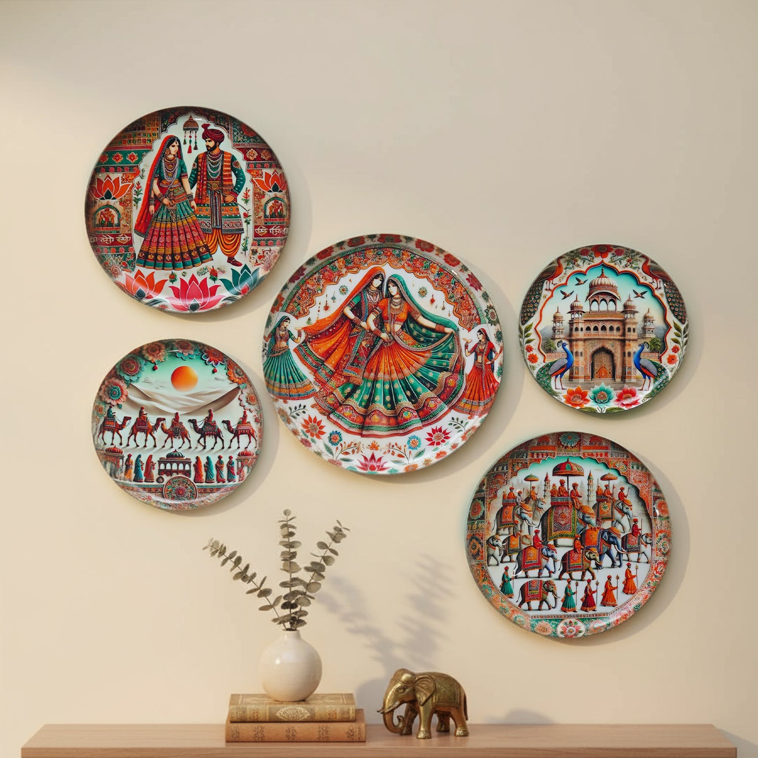 Rajasthani Art Metal Wall Hanging Plates Set of 5 for Living Room & Home Decor