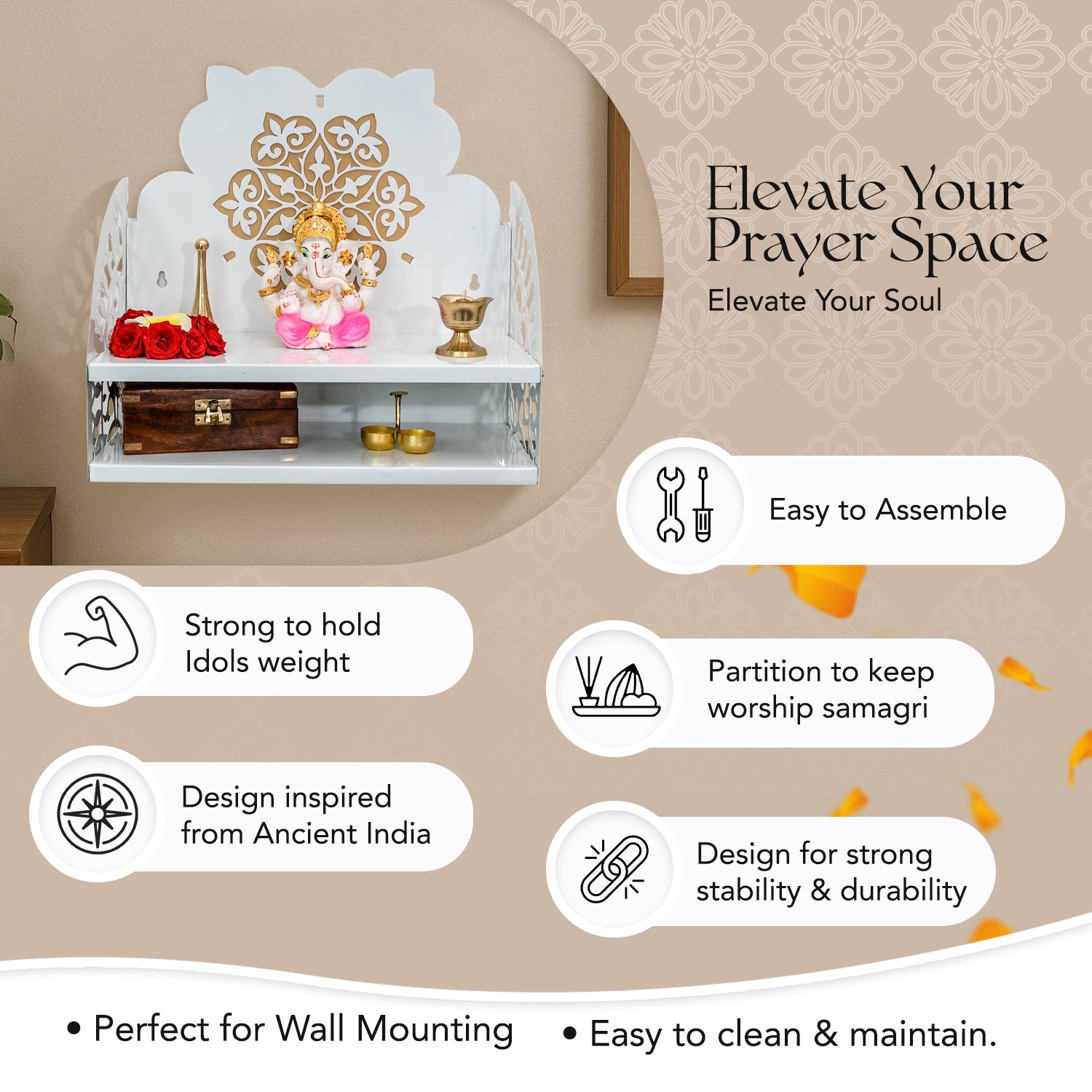 Metal Wall Mounted Temple for Pooja Room, Home Decor & Office Decor