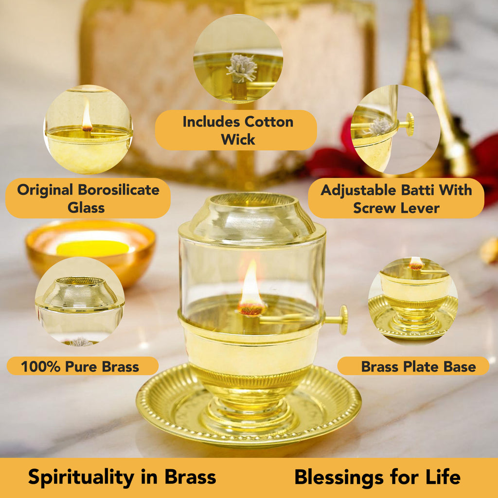 Brass Akhand Jyot Diya with Plate Adjustable Bati Knob & Glass Cover for Puja(Medium Size, 150 ml Oil Capacity)