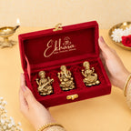 Pure Brass Lakshmi Ganesh Saraswati Idol with Velvet Gift Box for Housewarming, Wedding & Gifting