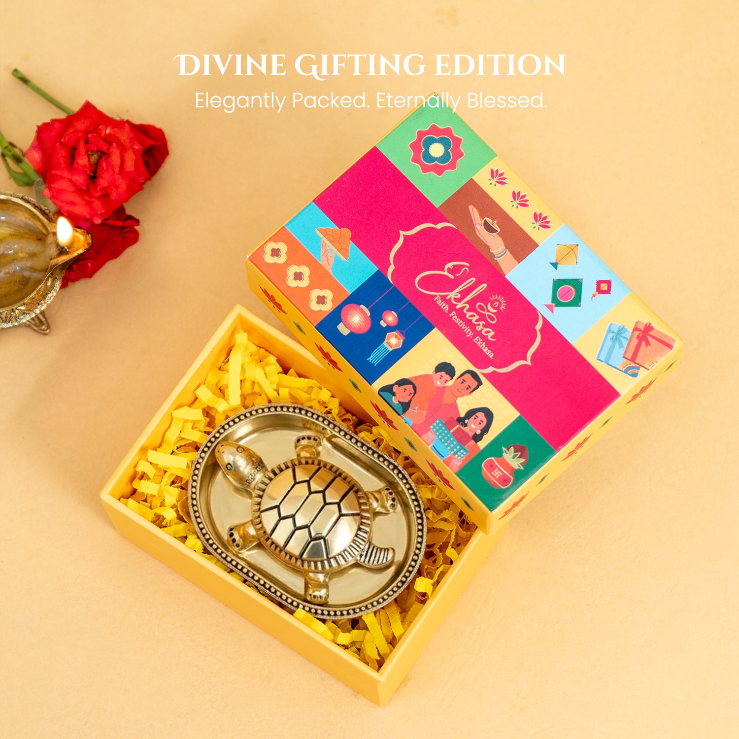 Brass Tortoise Idol with Plate & Gift Box for Housewarming, Wedding & Gifting
