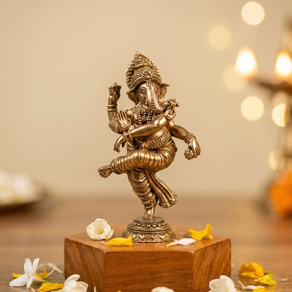 Brass Dancing Ganesha Idol for Pooja ,Home Decor, Office Desk & Car Dashboard