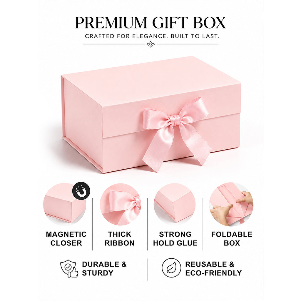 Pink Foldable Multipurpose Empty Gift Hamper Box with Magnetic Closure & Ribbon (21.5 x 21 x 9.5 cm)
