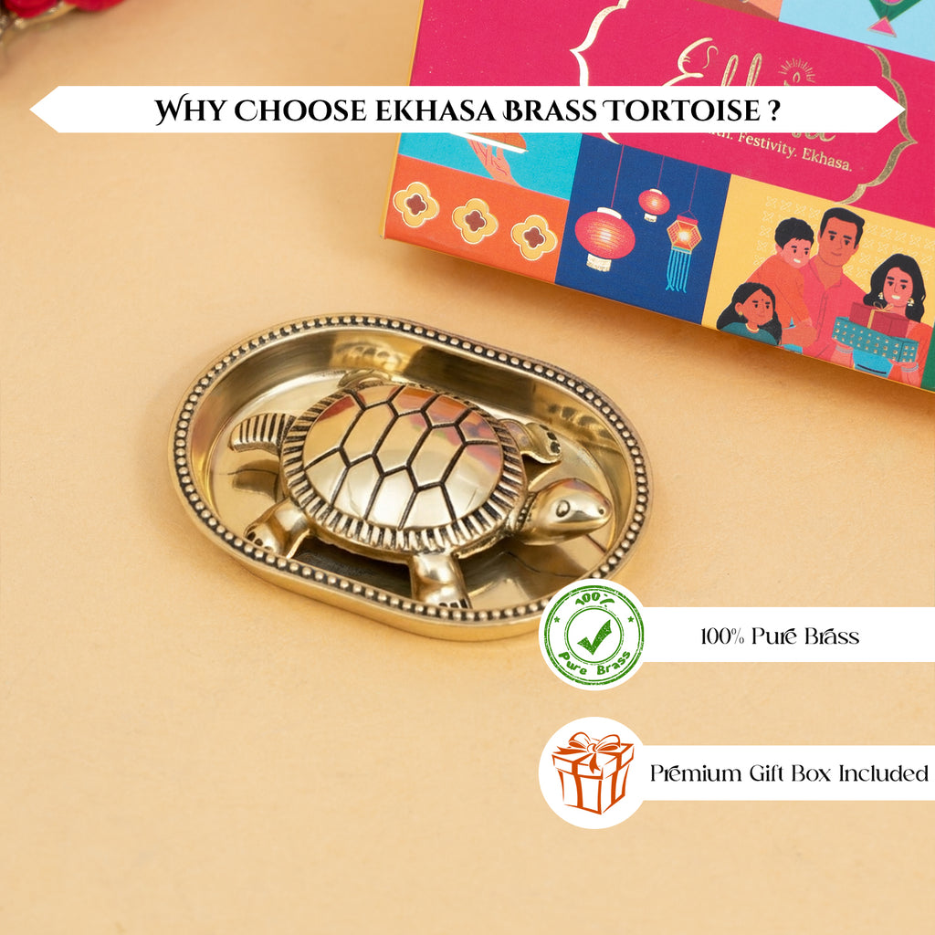Brass Tortoise Idol with Plate & Gift Box for Housewarming, Wedding & Gifting