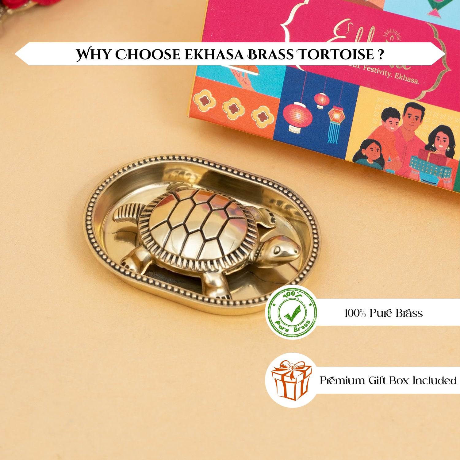 Brass Tortoise Idol with Plate & Gift Box for Housewarming, Wedding & Gifting