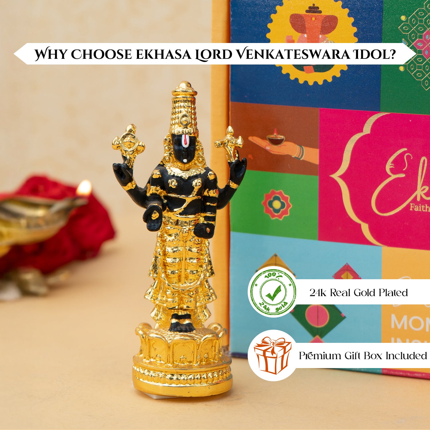 24K Gold Plated Tirupati Balaji Venkateshwara Idol with Gift Box for Housewarming, Wedding & Gifting