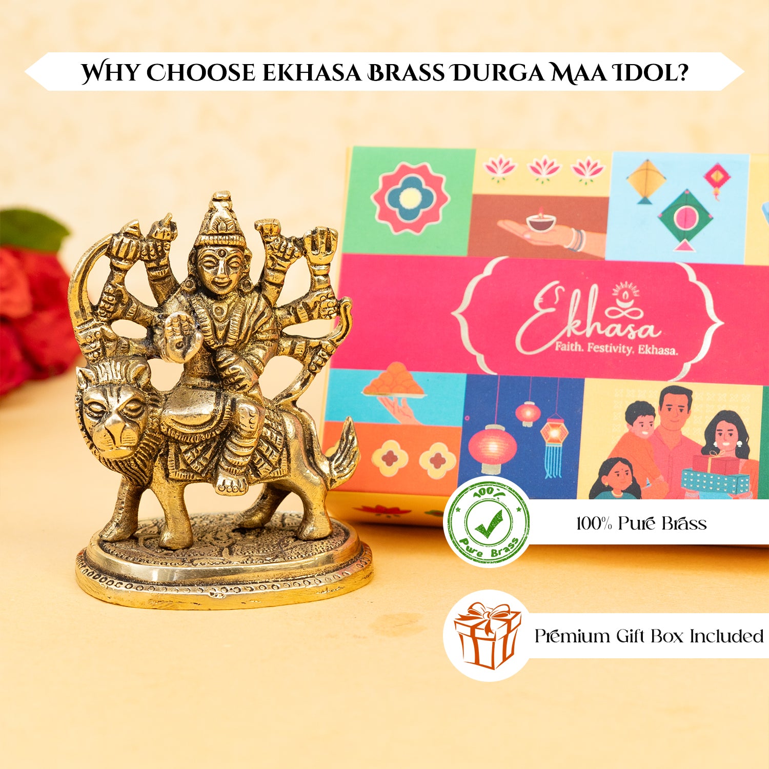 Brass Durga Idol with Gift Box for Housewarming, Wedding & Gifting