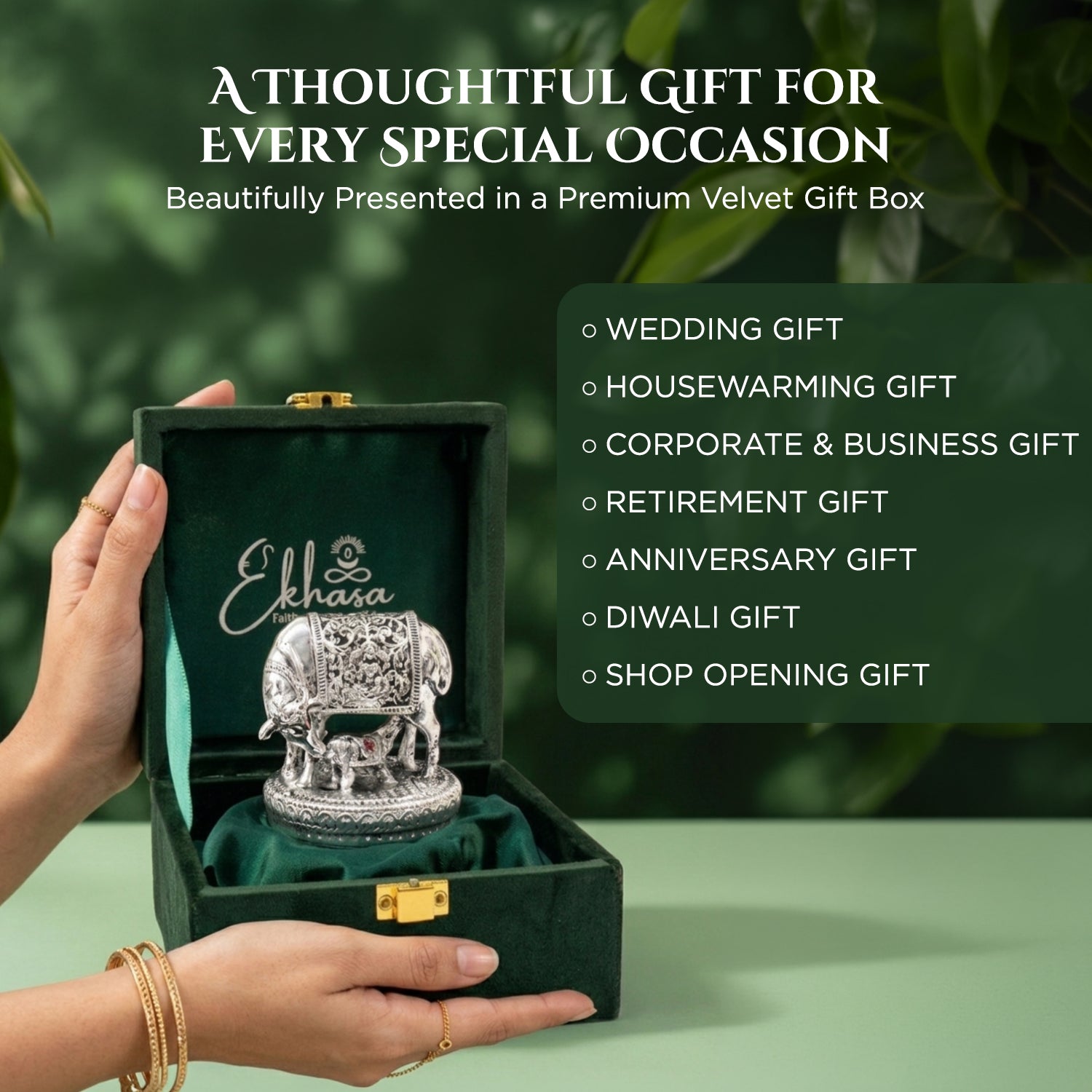 999 Silver Plated Kamdhenu Cow with Calf with Green Velvet Gift Box for Vastu, Housewarming & Wedding Gift