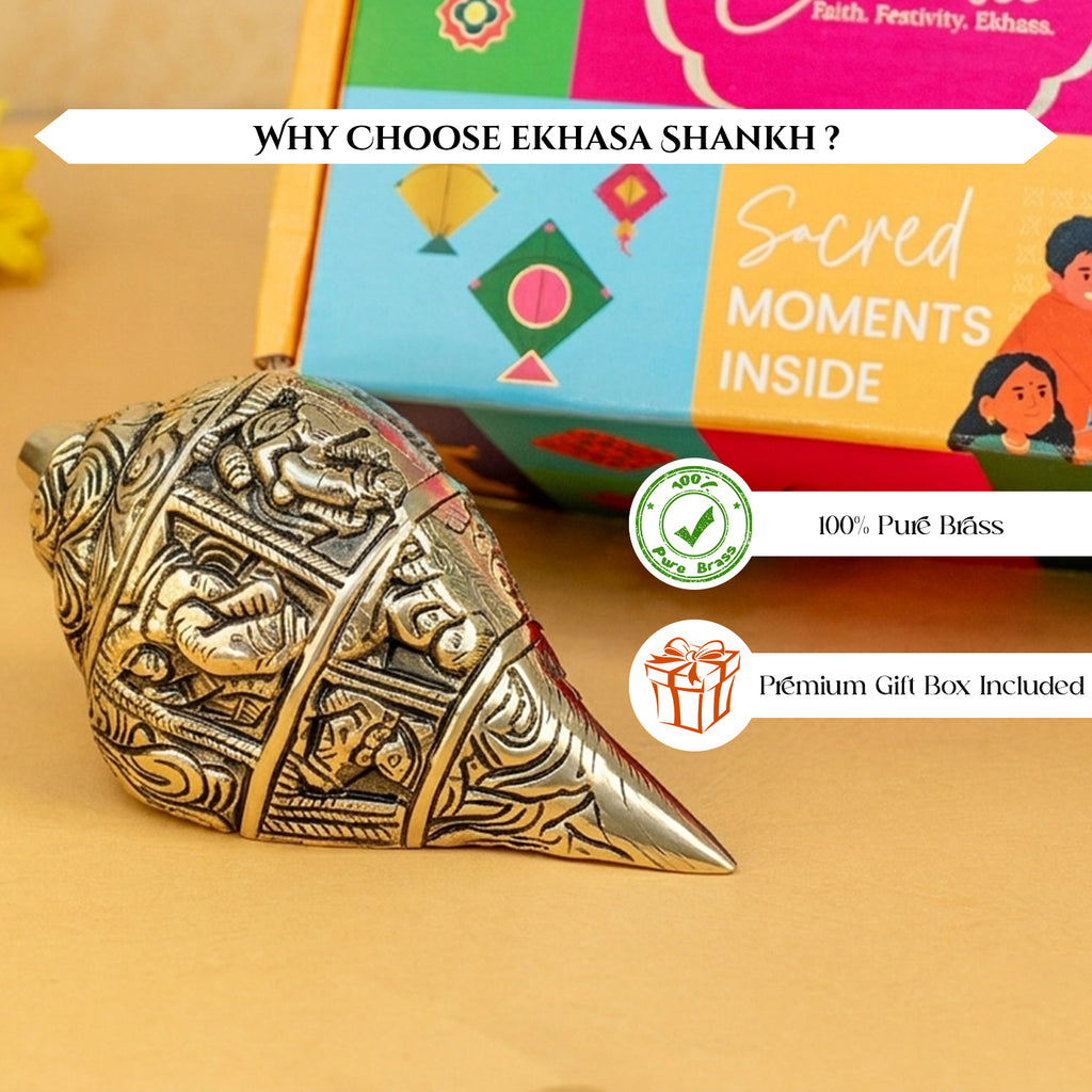 Brass Shankh Showpiece with Gift Box for Housewarming, Wedding & Gifting