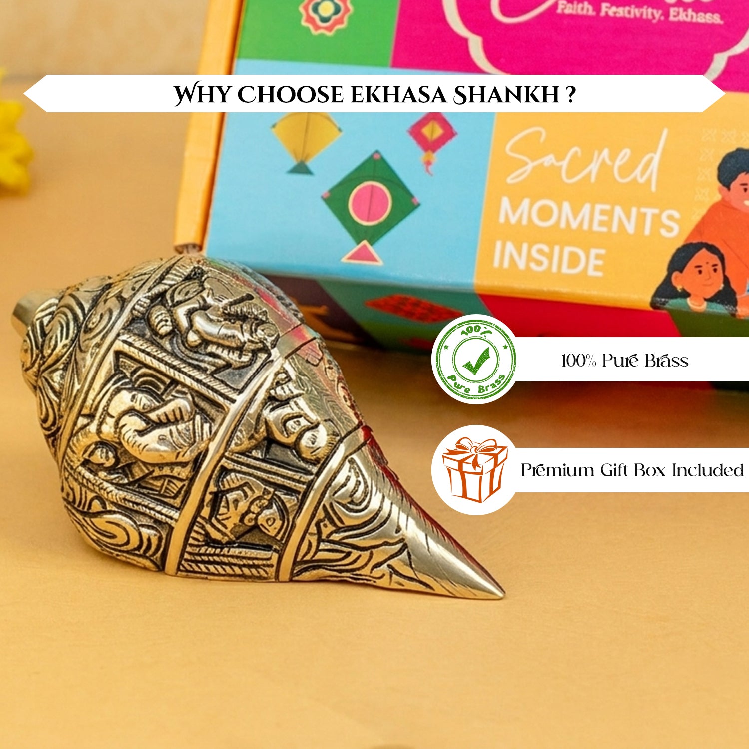 Brass Shankh Showpiece with Gift Box for Housewarming, Wedding & Gifting