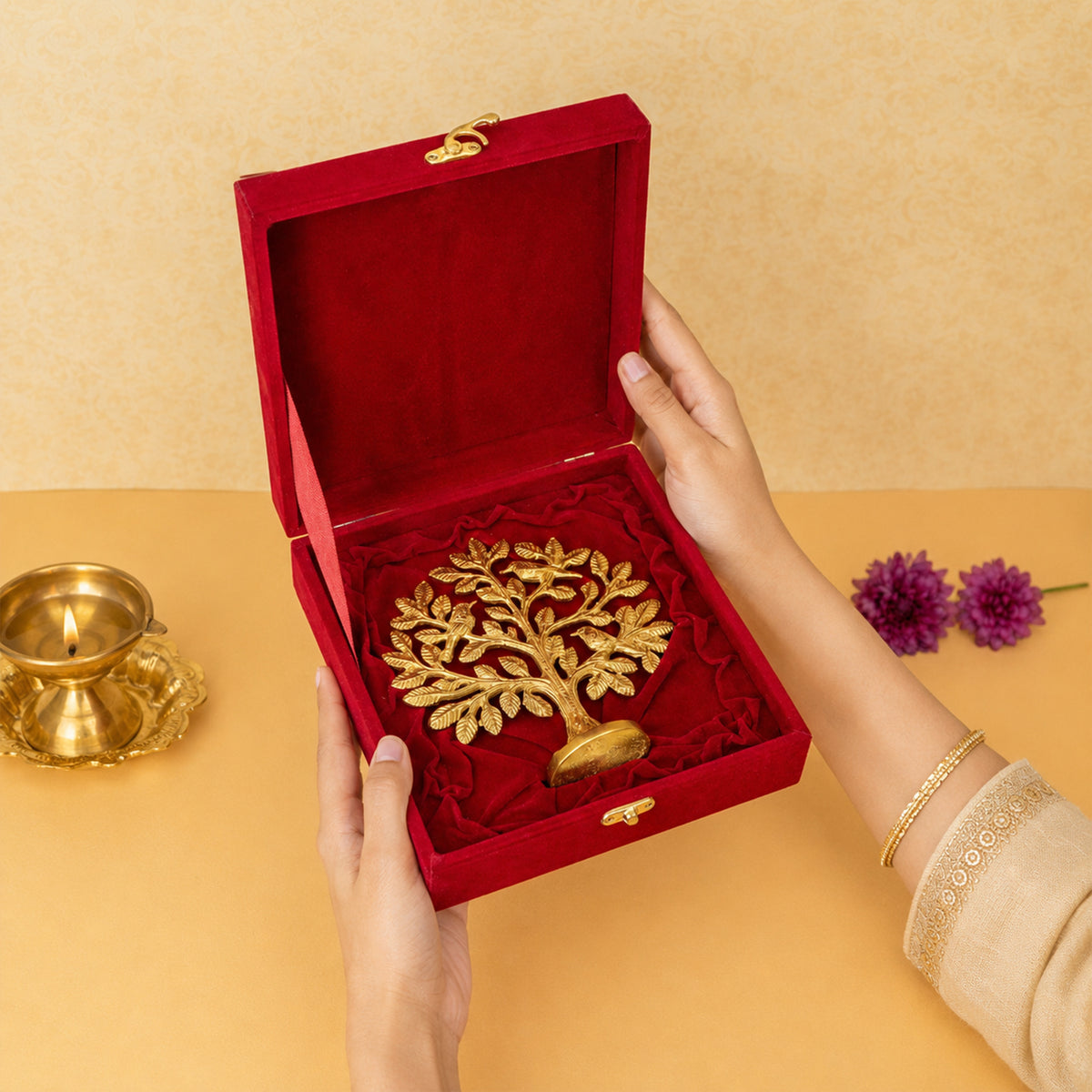 Brass Kalpavriksha Tree of Life Showpiece with Velvet Gift Box for Housewarming, Wedding & Gifting