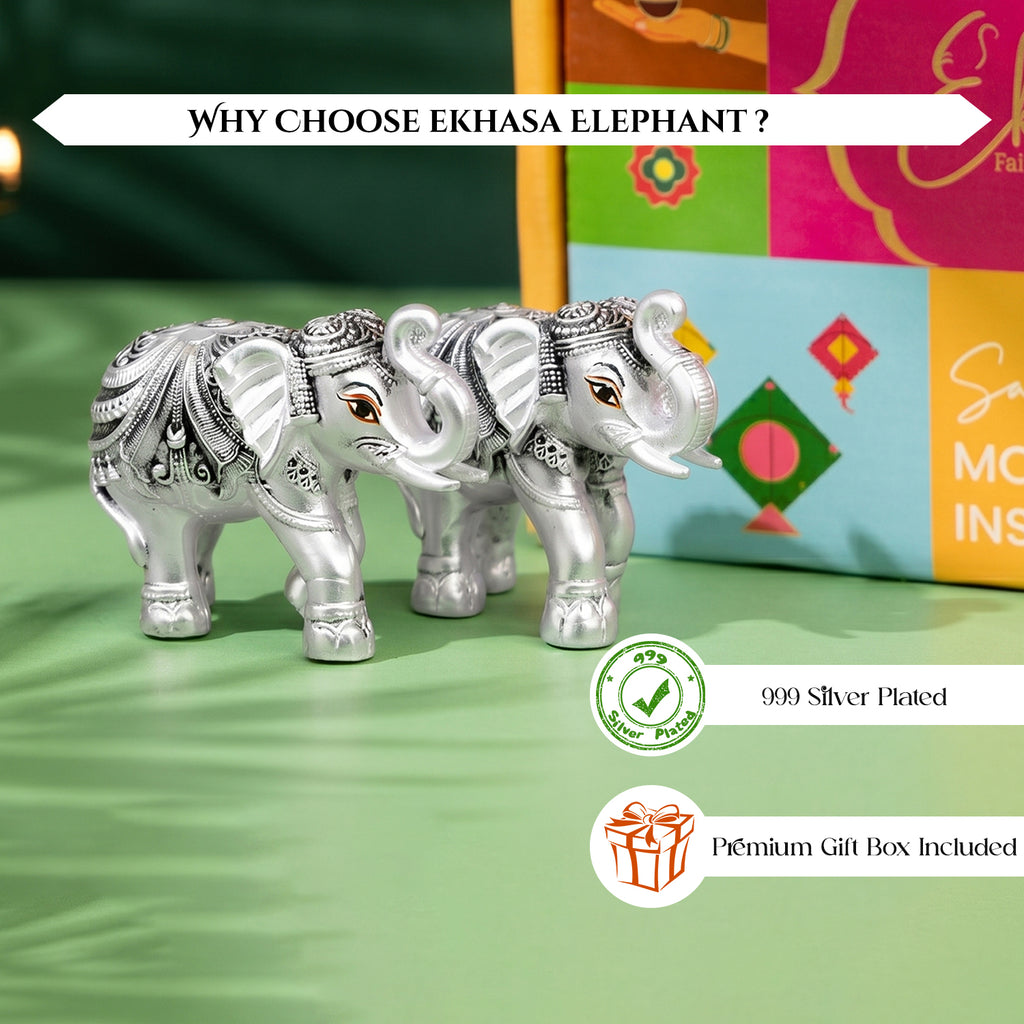 999 Pure Silver Plated Elephant Pair Showpiece with Gift Box for Housewarming, Wedding & Gifting