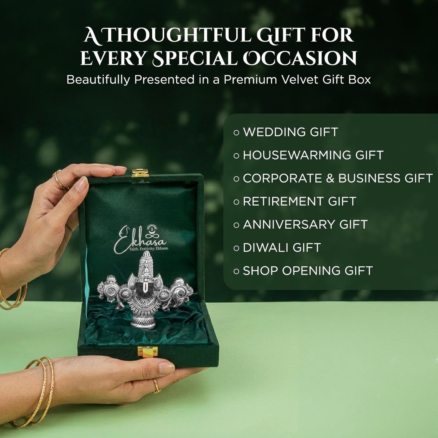 999 Silver Plated Tirupati Balaji Venkateshwara Idol with Green Velvet Gift Box for Vastu, Housewarming & Wedding Gifting