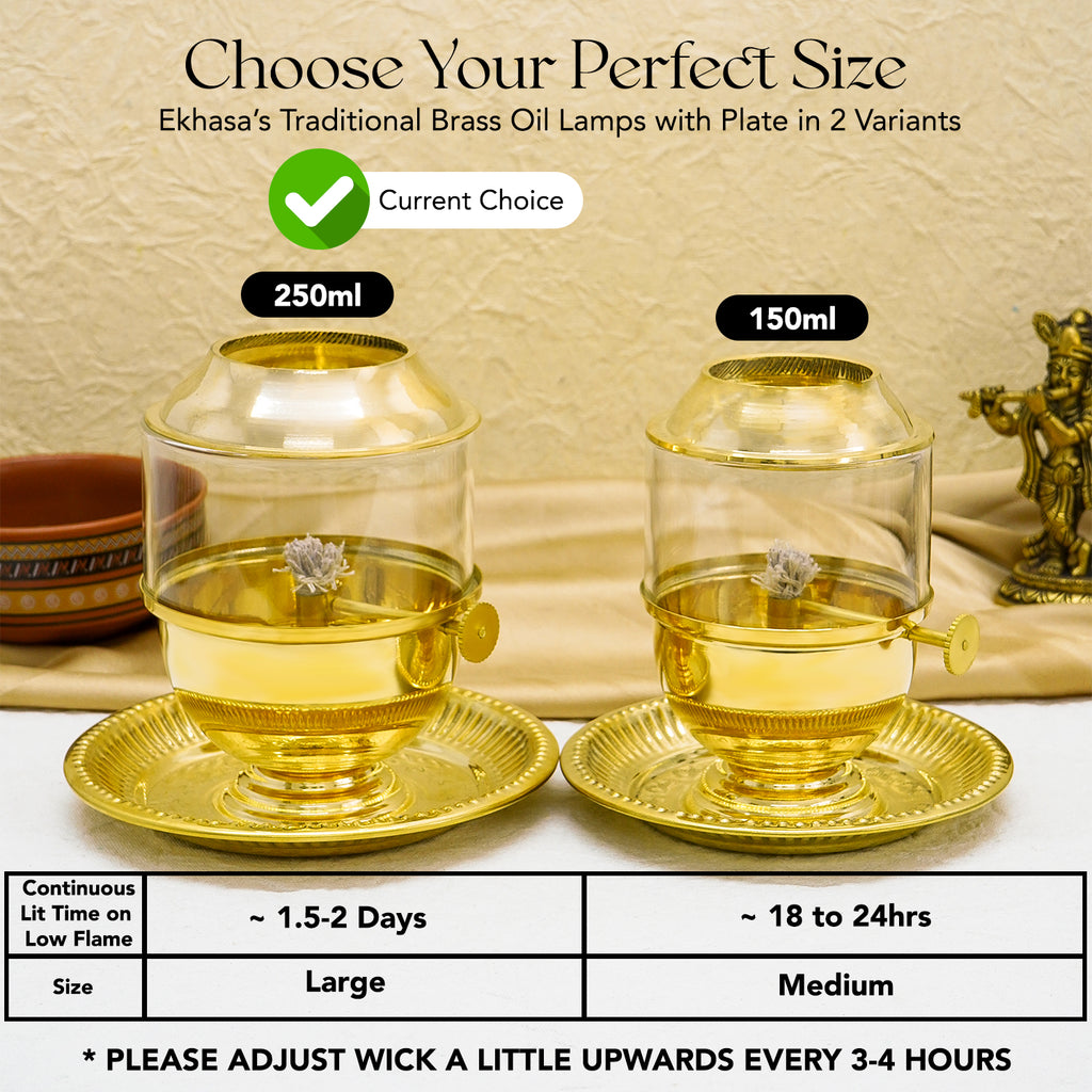 Brass Akhand Jyot Diya with Adjustable Bati Knob & Glass Cover for Puja(Large Size, 250 ml Oil Capacity)