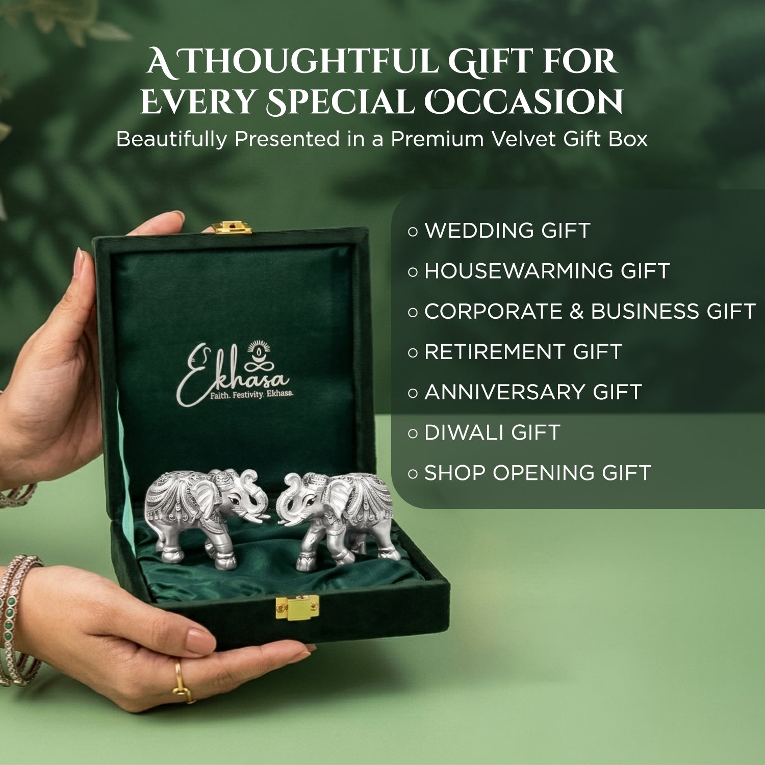999 Silver Plated Elephant Pair with Green Velvet Gift Box for Vastu, Housewarming & Wedding Gift
