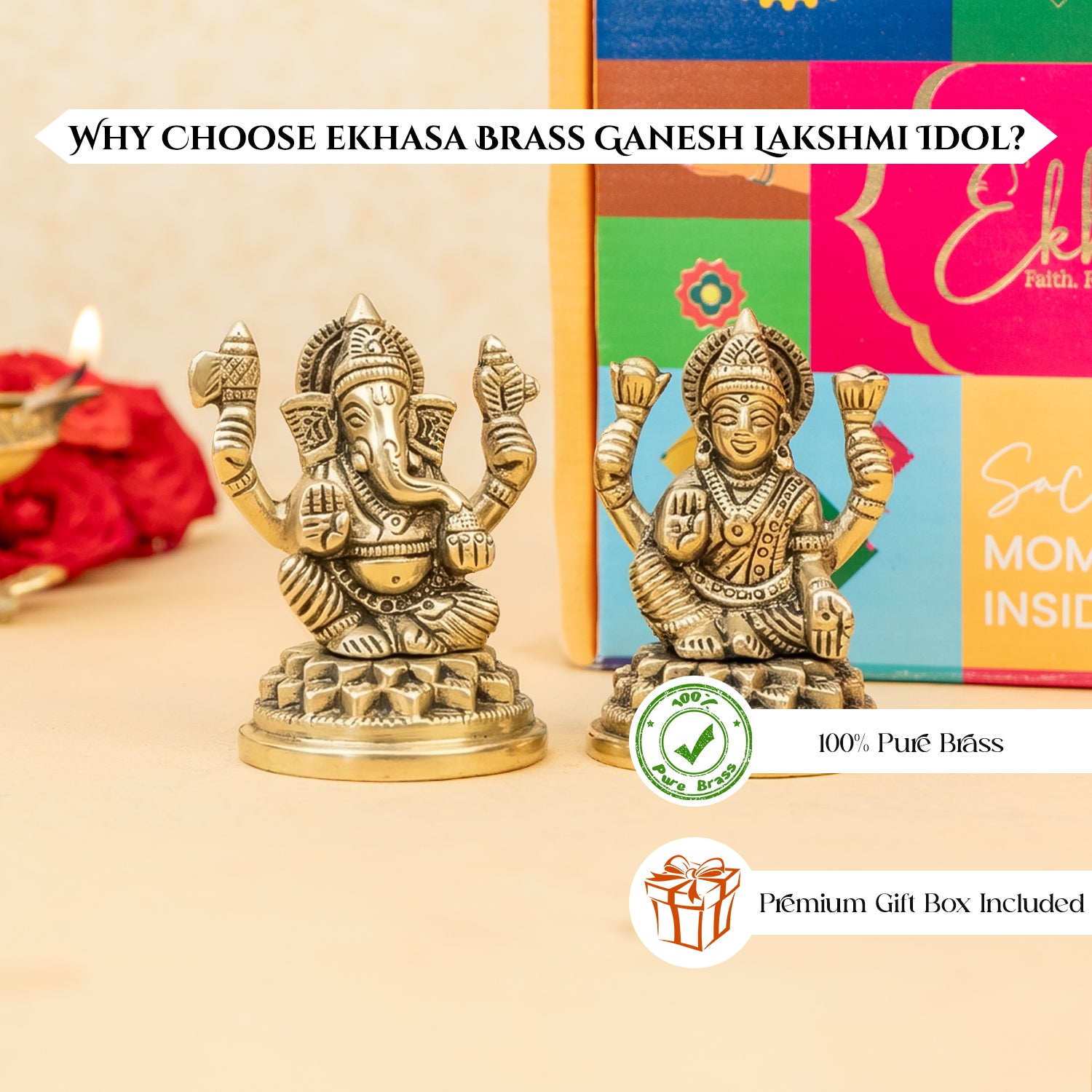 Brass Lakshmi Ganesh Idol with Gift Box for Housewarming, Wedding & Gifting