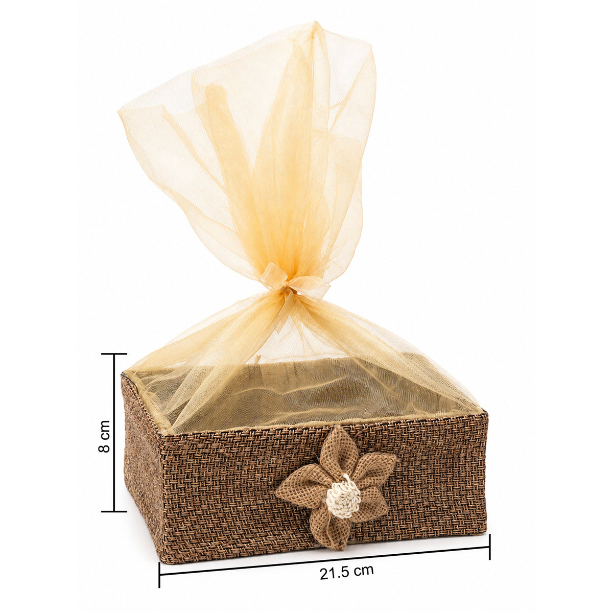 Floral Jute Gift Hamper Basket with Net Cover (21.5 x 21 x 8 cm)