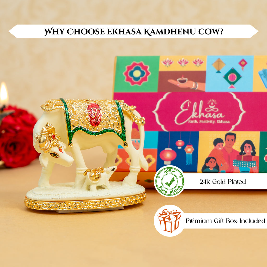 24K Gold Plated Kamdhenu Cow with Calf Idol with Gift Box for Housewarming, Wedding & Gifting