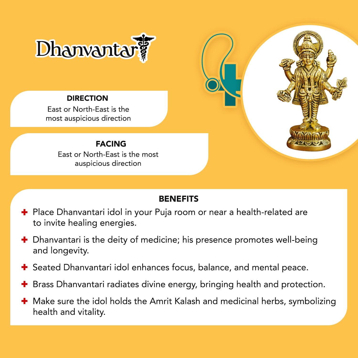 Pure Brass Dhanvantari Murti Idol for Pooja Room, Home Decor & Gifting