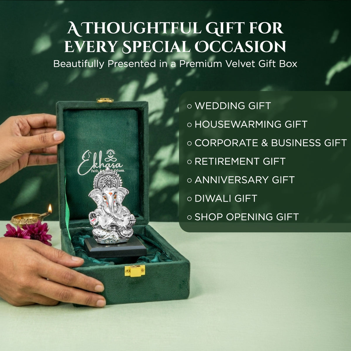 999 Silver Plated Ganesh Idol with Green Velvet Gift Box for Vastu , Housewarming & Wedding Gift