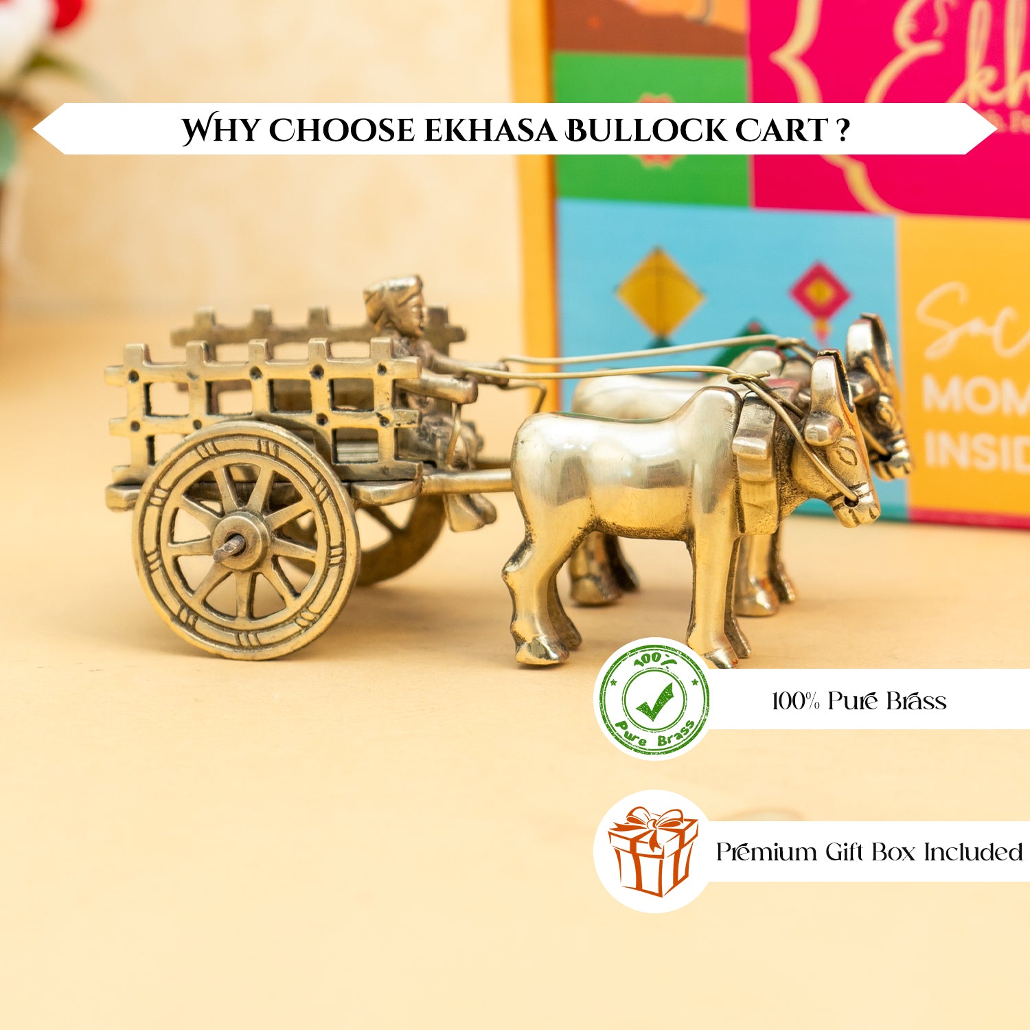 Brass Bullock Cart Showpiece with Gift Box for Housewarming, Wedding & Gifting