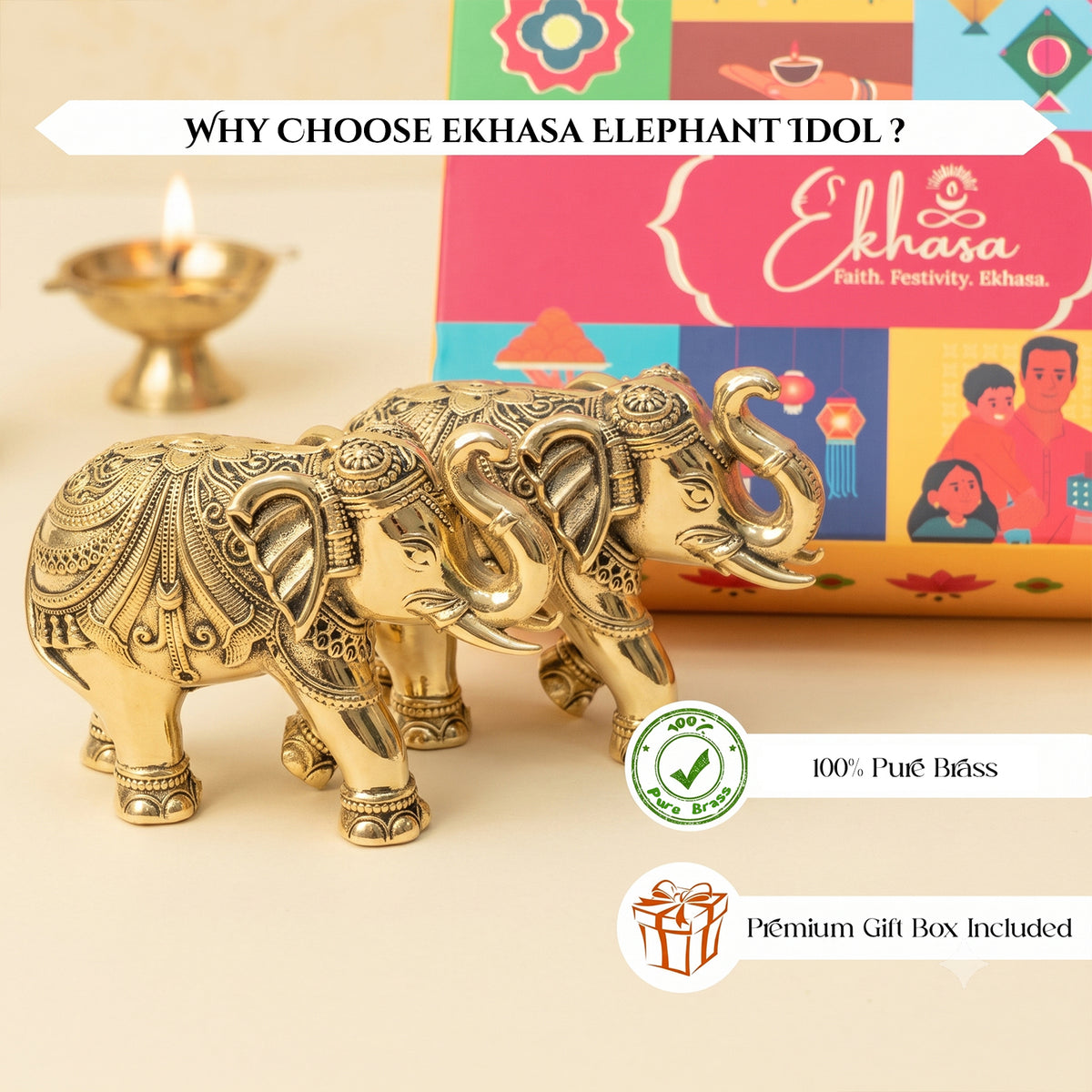 Brass Elephant Showpiece Pair with Gift Box for Housewarming, Wedding & Vastu Gifting