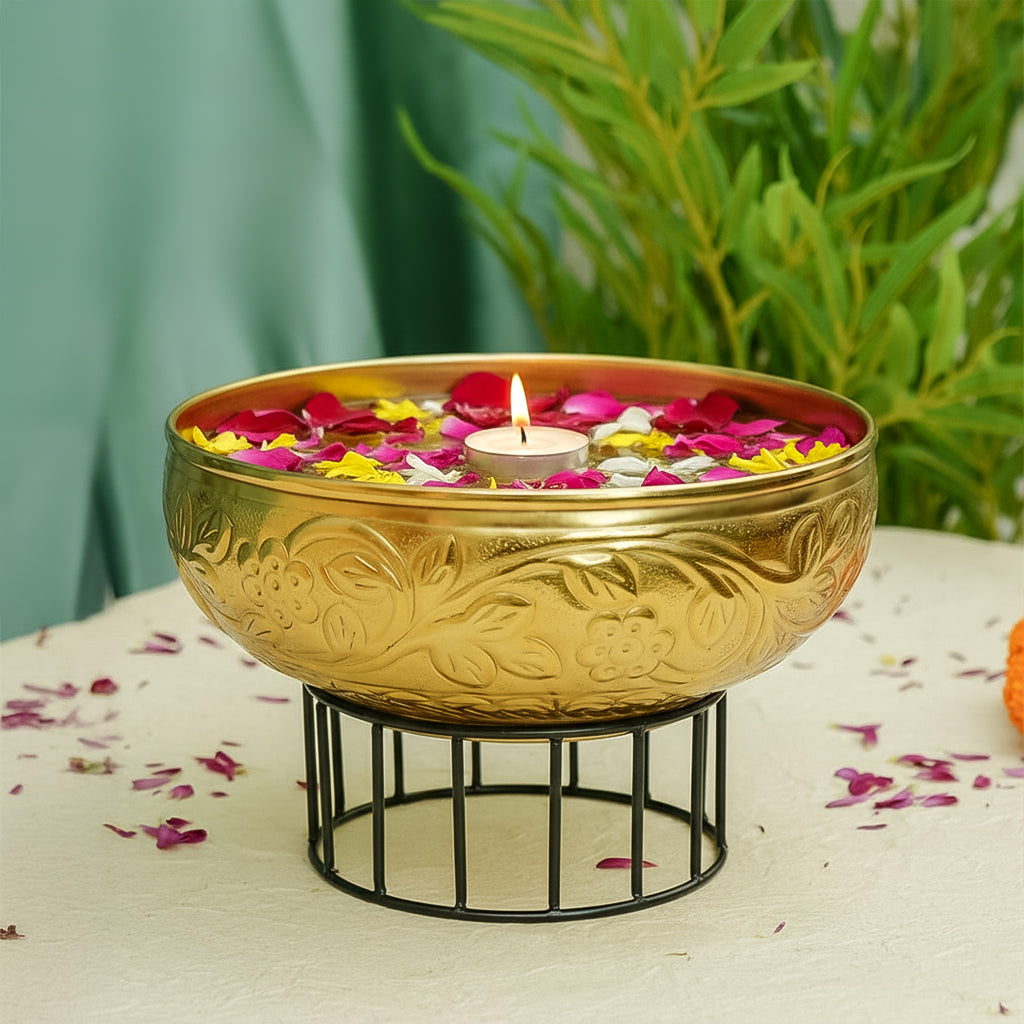 Gold Urli Bowl with Stand for Home Decor, Table Decor, Diwali Decoration & Gifting