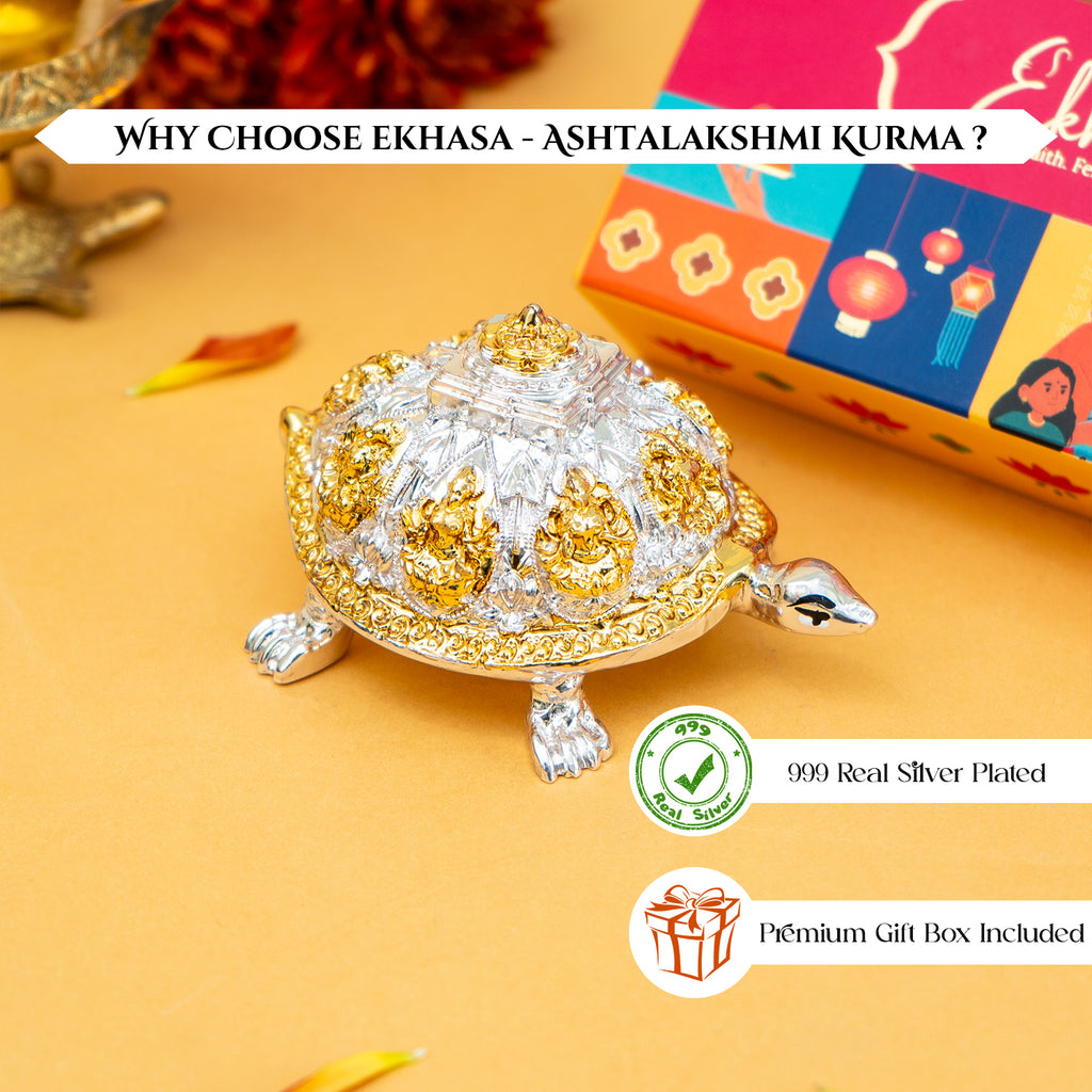 999 Silver Plated Ashtalakshmi Tortoise Idol with Gift Box for Housewarming , Wedding, Vastu & Gifting