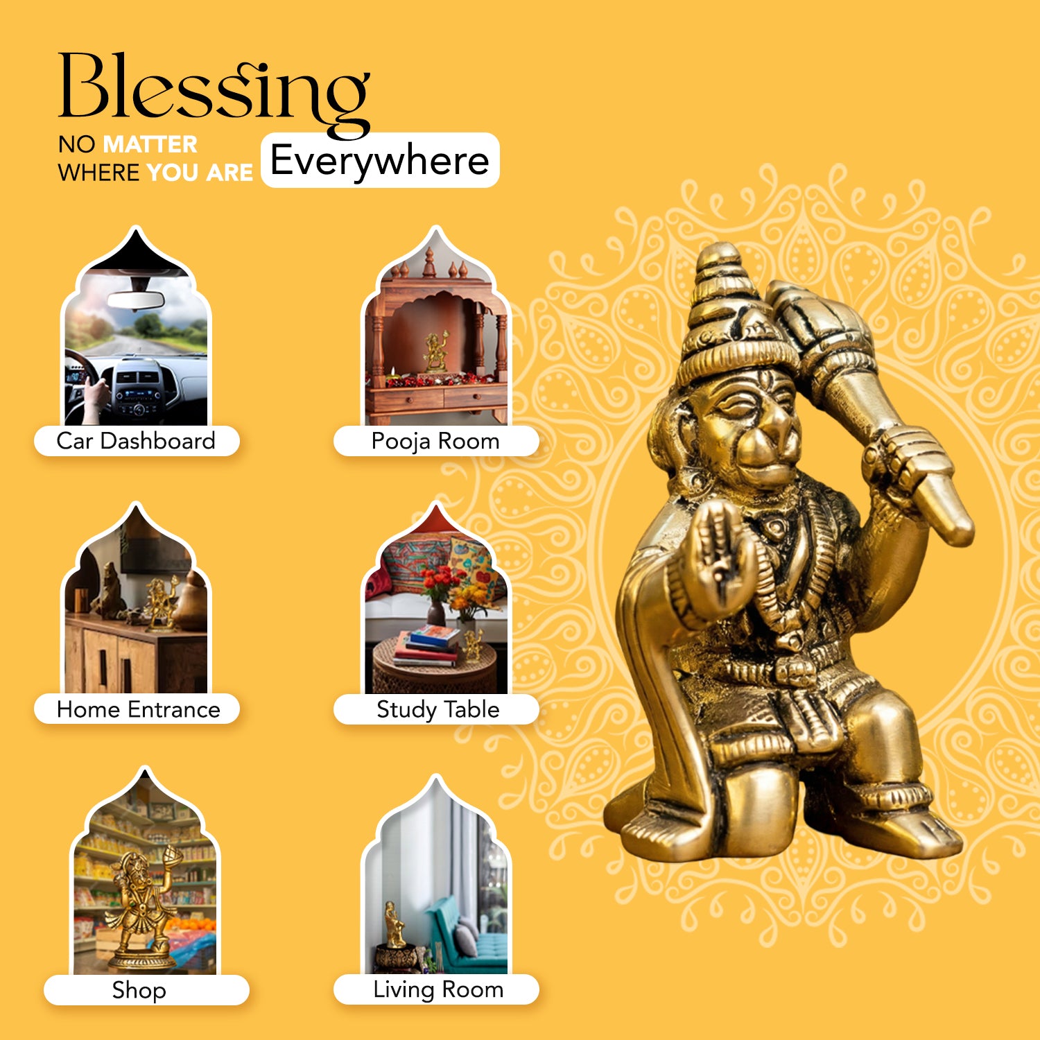 Pure Brass Hanuman Ji Idol for Home Puja, Office Desk & Car Dashboard