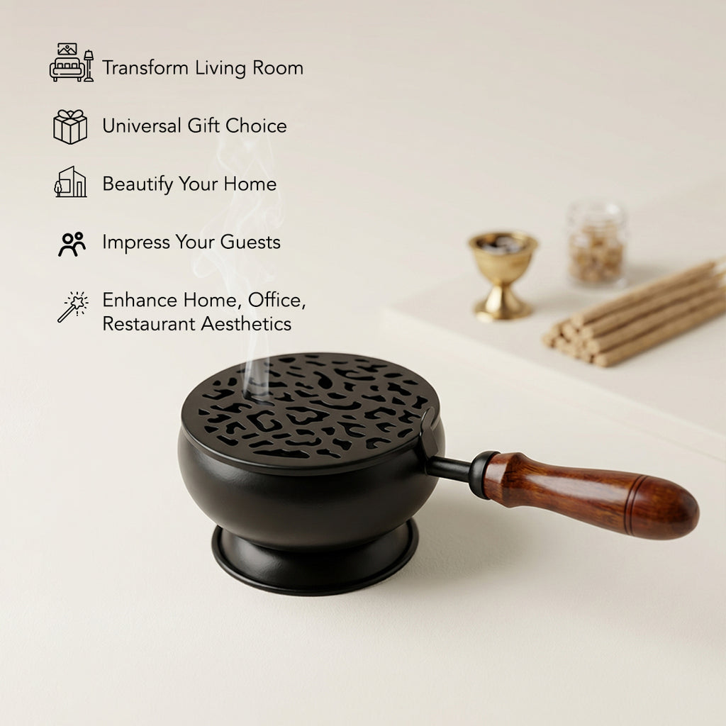 Metal Dhoop Dani with Wooden Handle for Pooja, Meditation & Home Temple Rituals